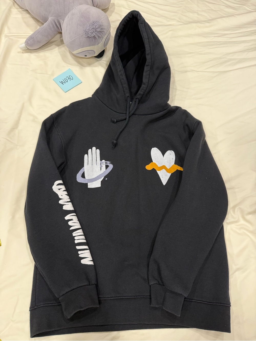 Zara Black Hoodie with White & Yellow Graphic Motifs